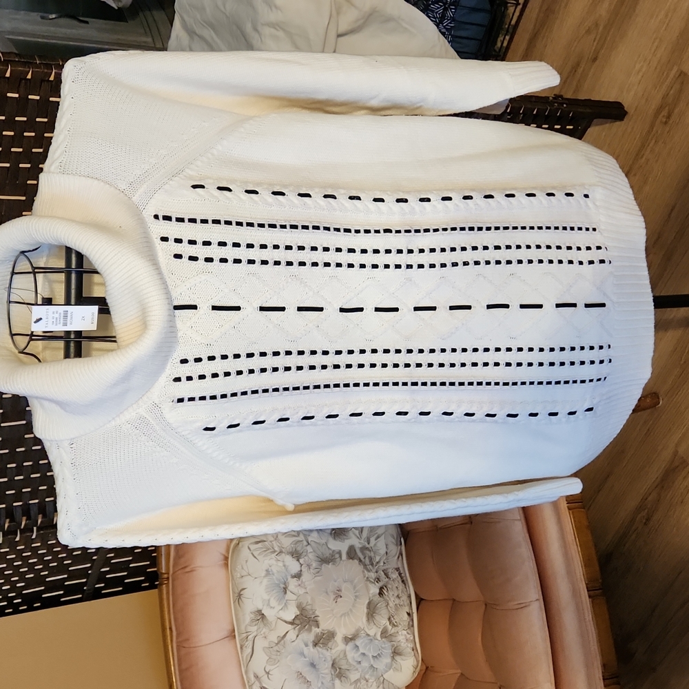 Talbots White Cowl Neck Knit Sweater with Black Trim 2X